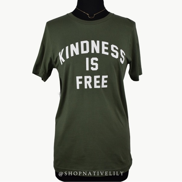 NWT Bella Canvas Kindness Is Free Graphic Short Sleeve Tee, Olive - Picture 5 of 12